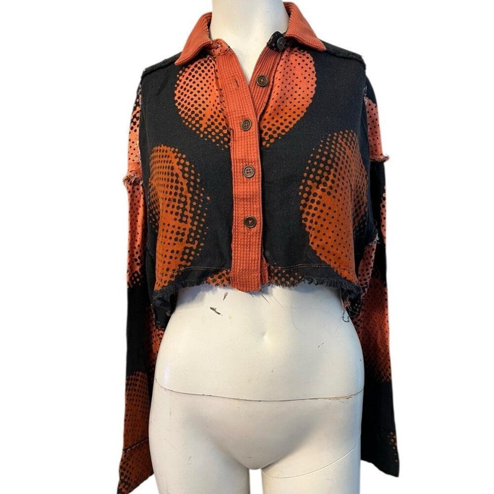 Urban Outfitters XS Orange Black Soft Cropped Shirt Frayed Hem Top Button Front